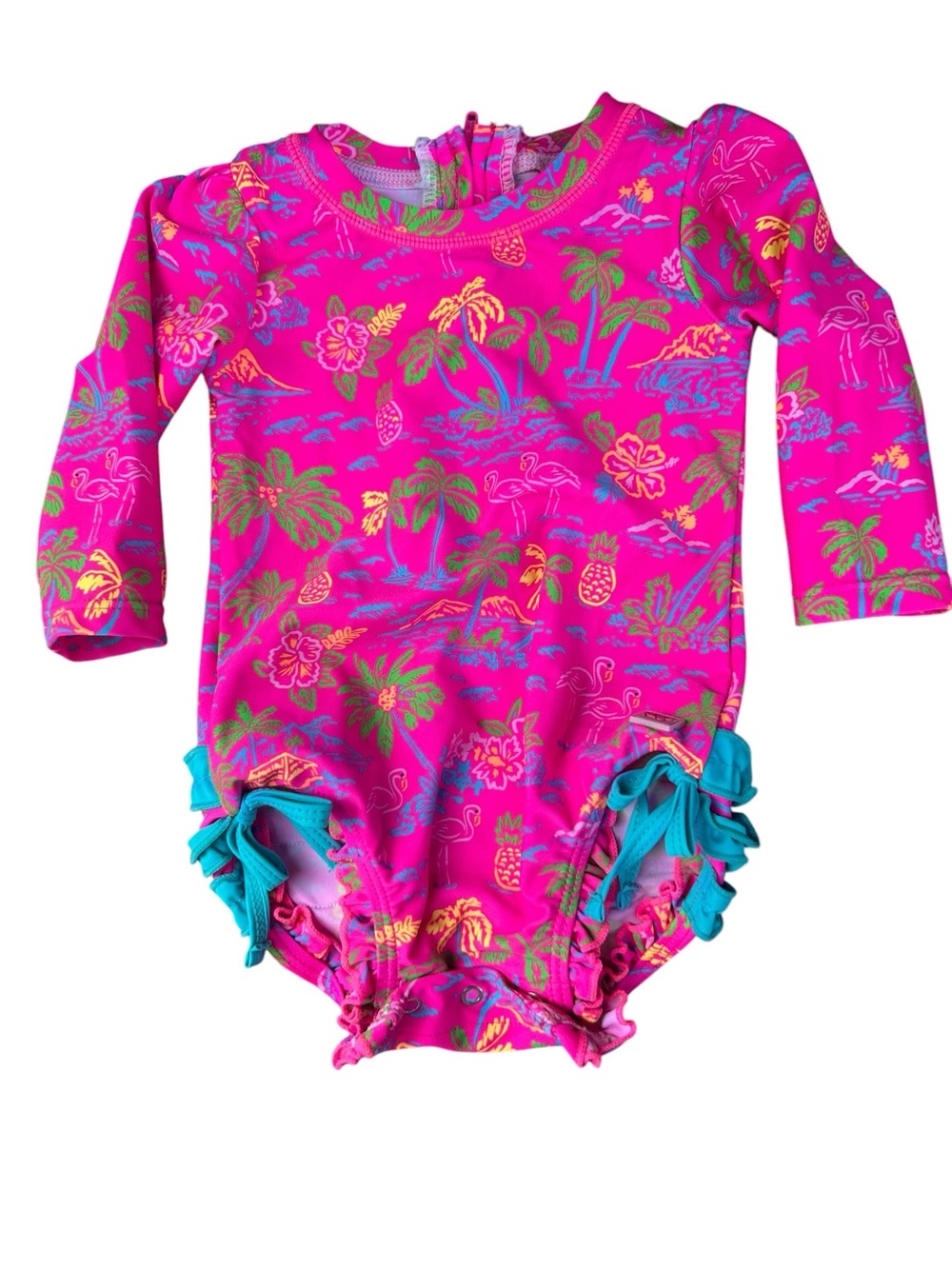 Rufflebutts Baby Girls Neon Tropical Swimsuit Rash Guard Sun Protection 6-12 Mos